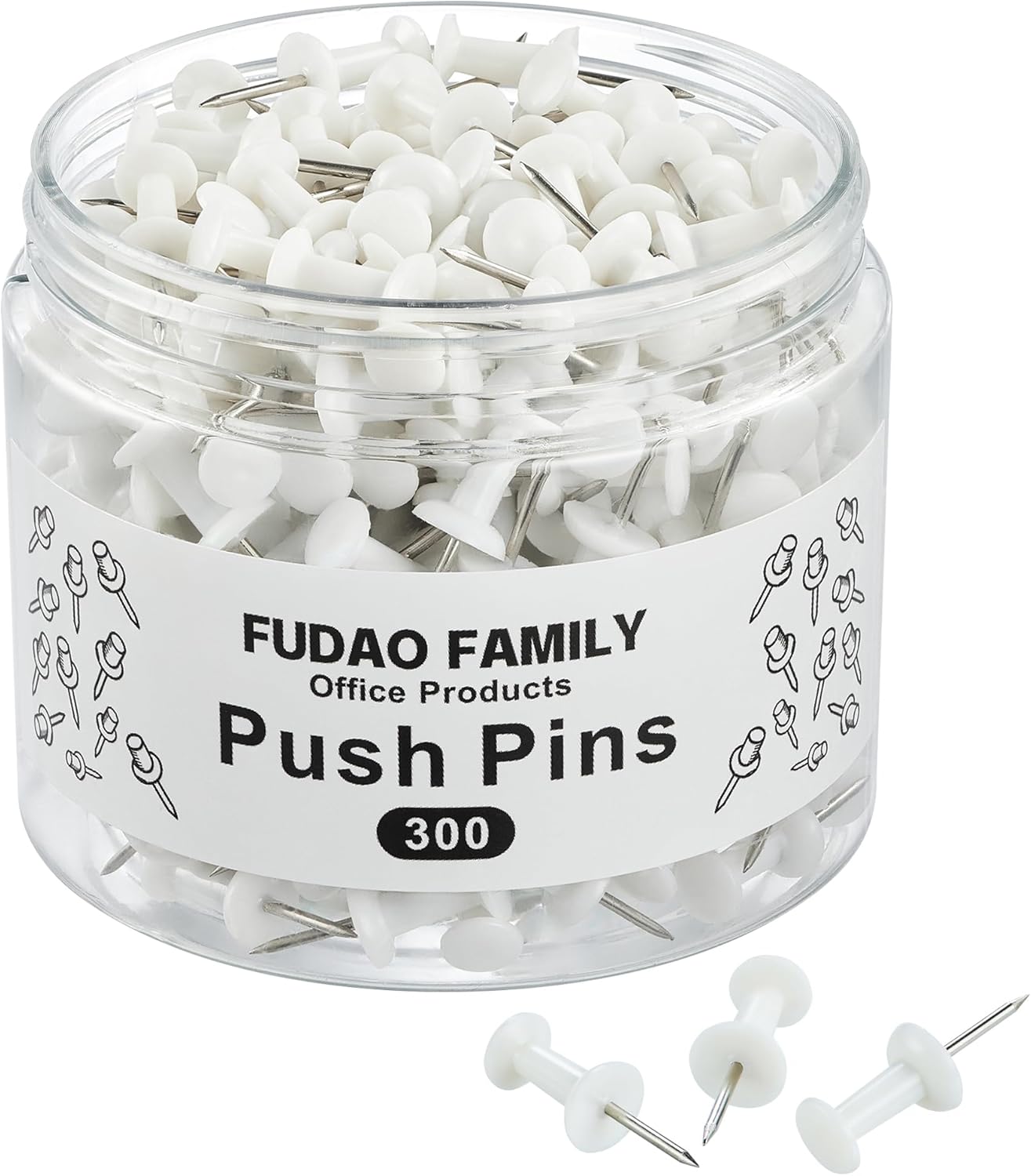 FUDAO FAMILY 300pcs Push Pins for Bulletin Board, Thumb Tacks for Wall Corkboard, Map Pins - Home Office Craft Projects Plastic Head Steel Push Pin (White)