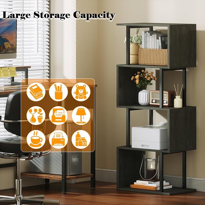 Furologee Geometric Bookshelf 5 Tier Bookcase, Industrial S-Shaped Display Storage Shelf for Small Space, Tall Metal Wood Decorative Standing Shelves for Bedroom, Living Room, Office, Black Oak