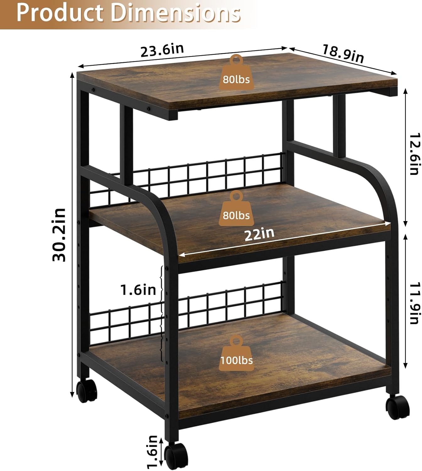 Lerliuo Large Printer Stand with Storage, 23.6"W x 18.9"D x 30.2"H, 5-Adjustable Shelf Heights Mobile 3 Tier Table with Lockable Wheels, Industrial Rolling Printer Cart, Brown Stands for Home Office