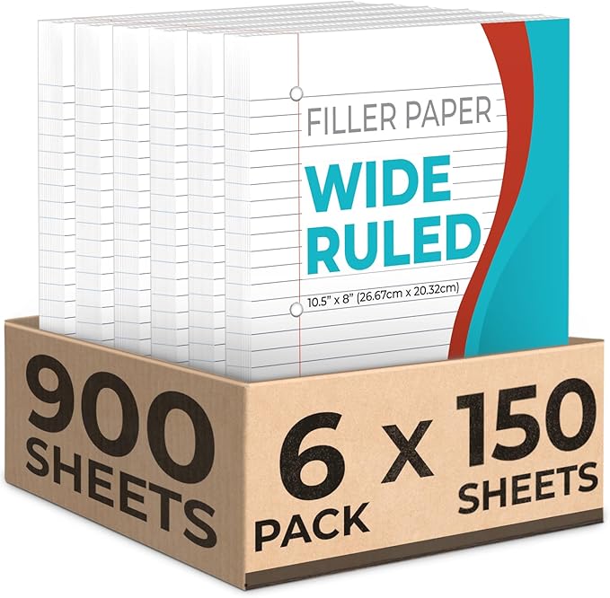 Loose Leaf Paper, 900 Sheets, 6 Pack, Wide Ruled, 8" x 10.5", 56 gsm Bulk Office Filler Sheets, 3 Hole Punched, 150 Sheets/Pack, Wide Ruled for 3 Ring Binder, Notebook Paper, White