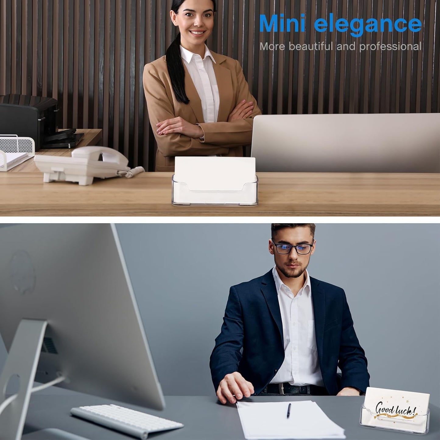 Leinuosen 50 Pack Business Card Holder for Desk Acrylic Business Card Holder Display Clear Label Stand Label Table Desktop Organizer for Home and Office