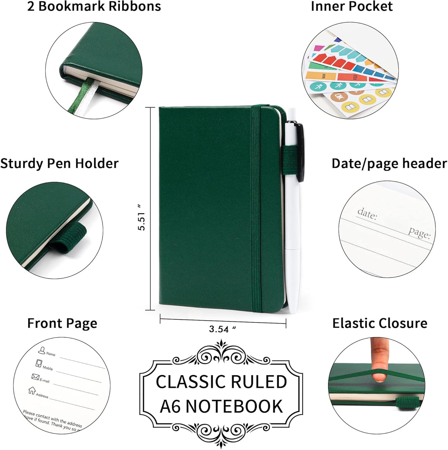 feela 15 Pack Pocket Small Notebooks Bulk, Mini Cute Notepads Hardcover College Ruled Lined Journals with Pen Holder for School Business Memos, with 15 Black Pens, 3.5”x 5.5”, A6, Dark Green