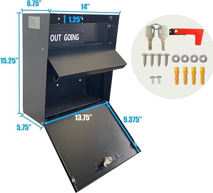 Rainproof Wall Mount Mailbox with Outgoing Mail Flag, Locking Security Galvanized Steel Drop Box for Residential & Commercial Use, Heavy Duty Payment Collection Box, Black