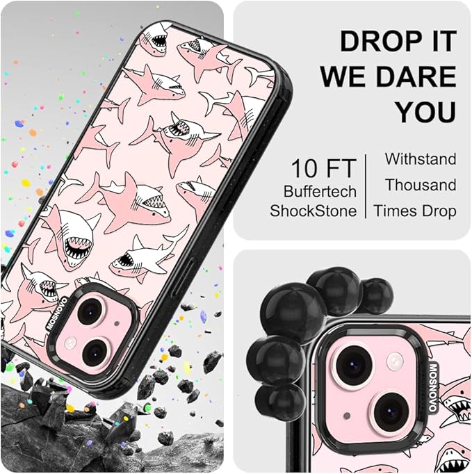 MOSNOVO Case for iPhone 15 Plus, [10ft 4X Military-Grade Drop Protection] Durable & Shockproof Phone Case Cover Design for iPhone 15 Plus / 14 Plus - Pink Sharks - Clear Black
