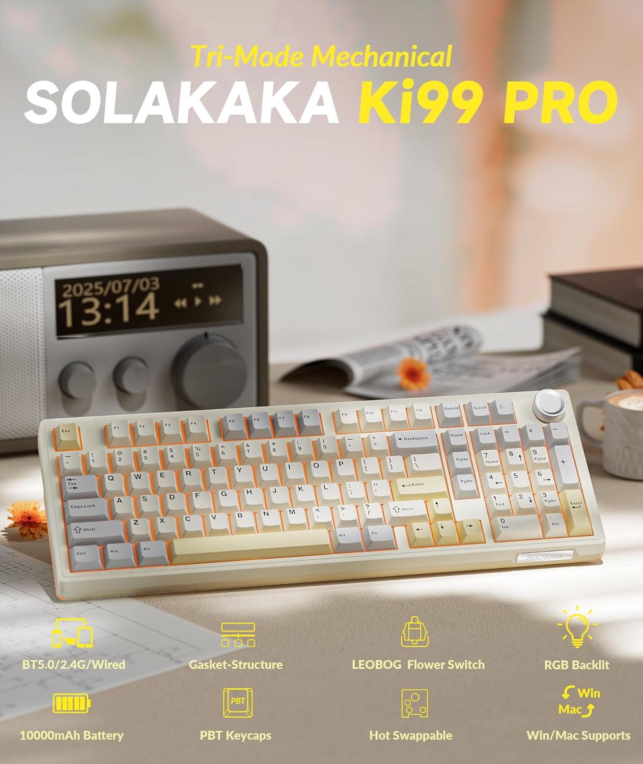 KI99 Pro 96% Wireless Mechanical Gaming Keyboard, Creamy Keyboard with Number Pad, Hot-Swappable Pre-Lubed Switches, Gasket Structure RGB Keyboards for Gamer/PC/Laptop(Beige White)