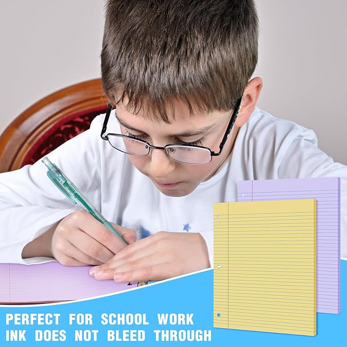 PerKoop 12 Pack 600 Sheets Colored Lined Paper Bulk Wide Ruled 8 x 10.5 Inches, Pastel Loose Leaf Notebook Paper 3 Hole Punched Filler for Back School Classroom Supplies(Sweet Color)