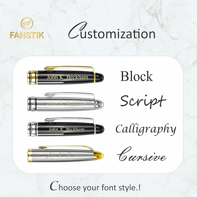 Customized Fountain pen with name (MADE IN USA), stainless steel, black and Silver, luxury engraved pen personalized for men and for women. (Fountain Black-Silver)