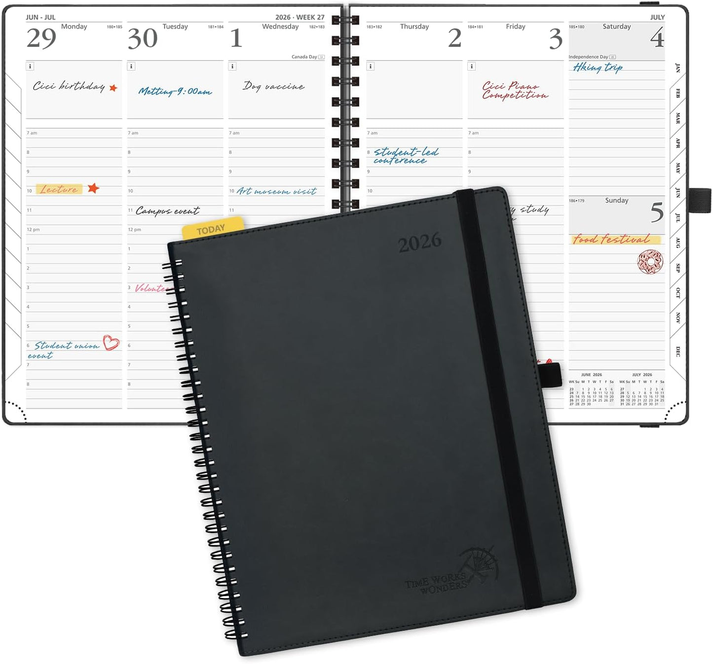 POPRUN 2026 Planner (Large - 8.5" x 10.5") with Hourly Schedule, Vertical Layout - 2026 Weekly Calendar (Jan. 2026 - Dec.2026) for Time Management, Monthly Tabs, Spiral Bound, Soft Cover - Black
