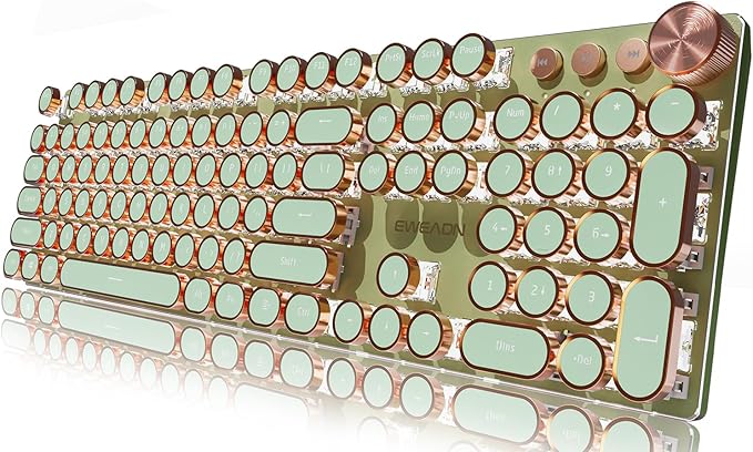 EWEADN Typewriter Style Mechanical Gaming Keyboard, Wired Mechanical Keyboards,104 Keys Backlit LED Keyboards, Media Control Knob, Wired Computer Keyboard Pink Switch for Windows/Mac/PC-Green
