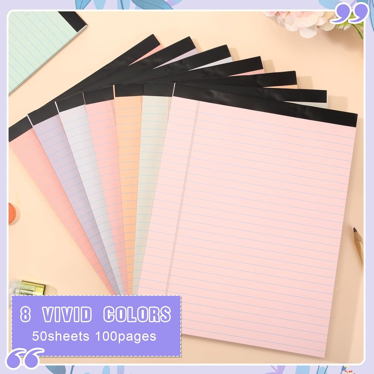 Fuutreo 8 Pcs 8.5'' x 11'' Colored Legal Pad Writing Pads Wide Ruled 50 Sheets Per Notepad Perforated Writing Notepad Office Supplies for School College Office Business (Mixed Colors)