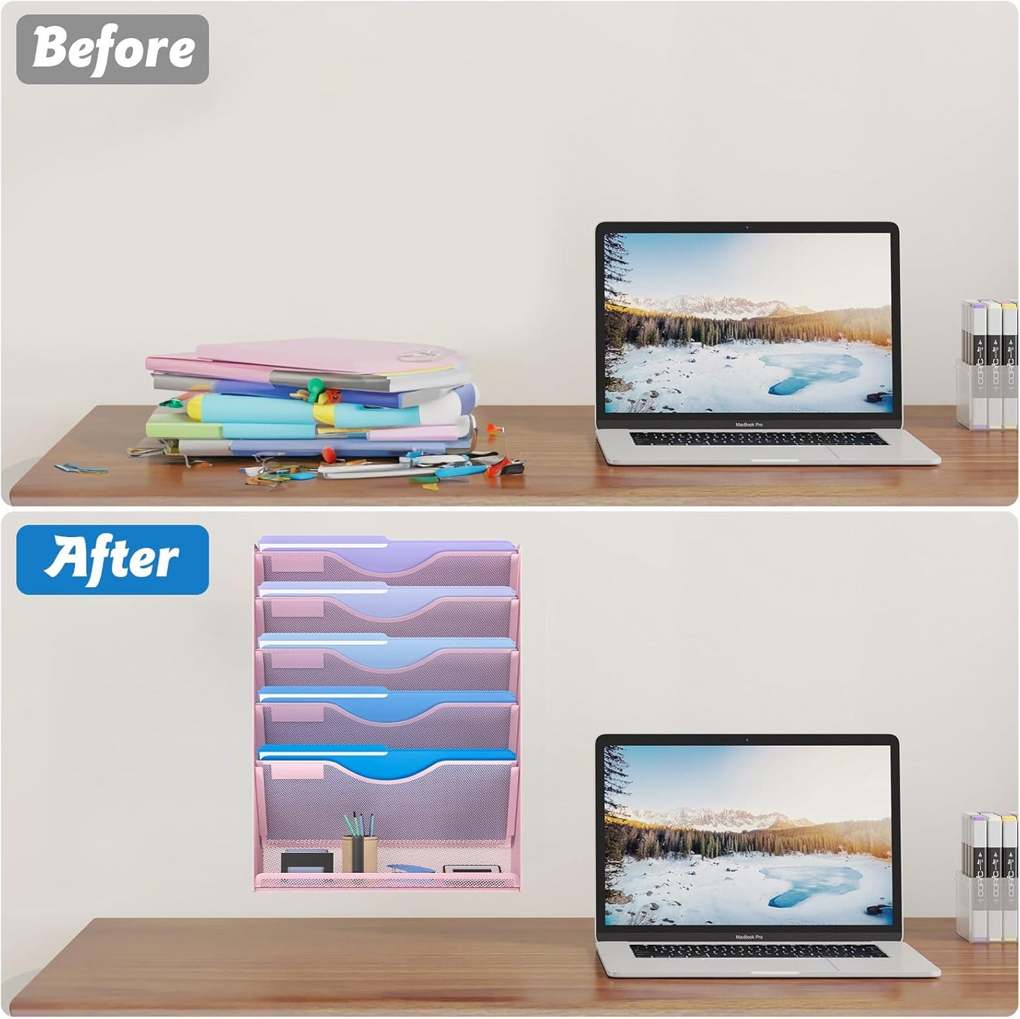 6 Tier Hanging File Organizer, Mesh Wall File Holder Paper Folder Rack with Bottom Flat Tray for Office Home, Pink