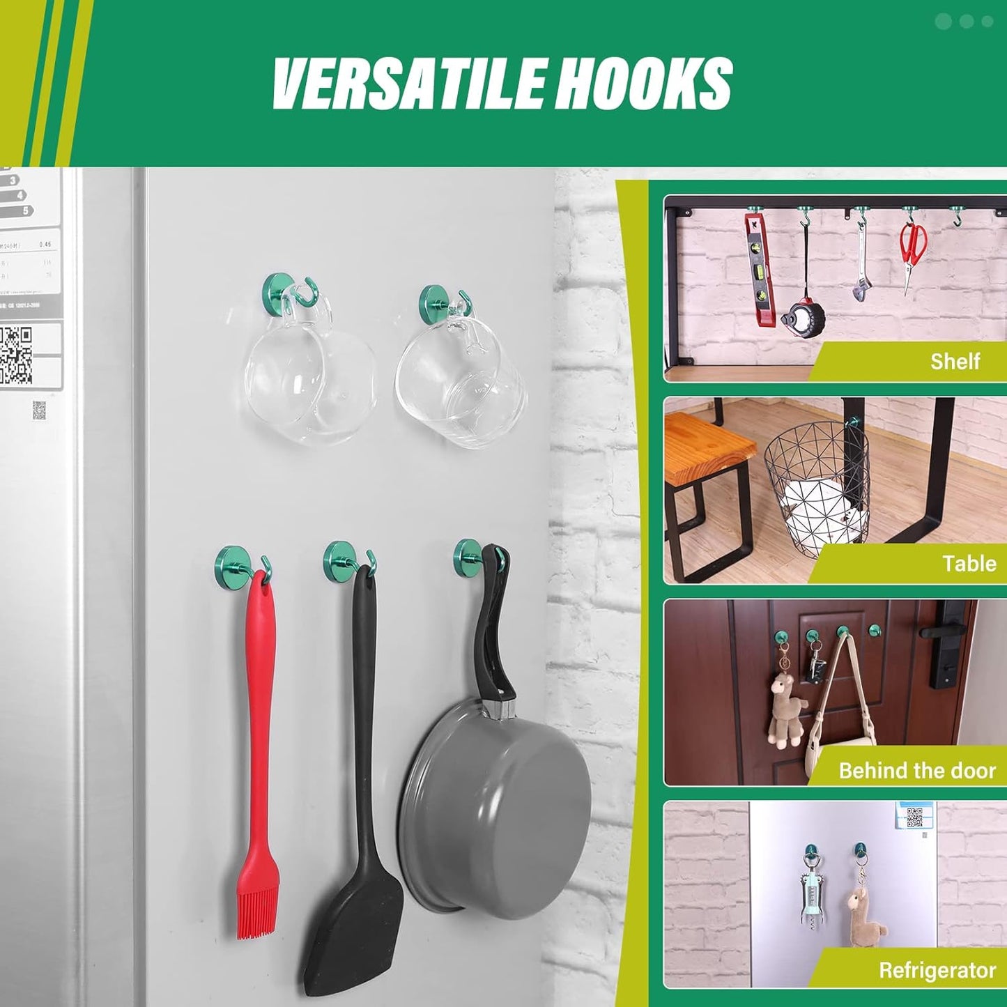 Neosmuk Magnetic Hooks Heavy Duty, Strong Magnet with Hook for Fridge, Super Neodymium Extra Strength Industrial Hooks for Hanging, Magnetic Hanger for Toolbox, Cruise, Grill(Green,4 Pack)