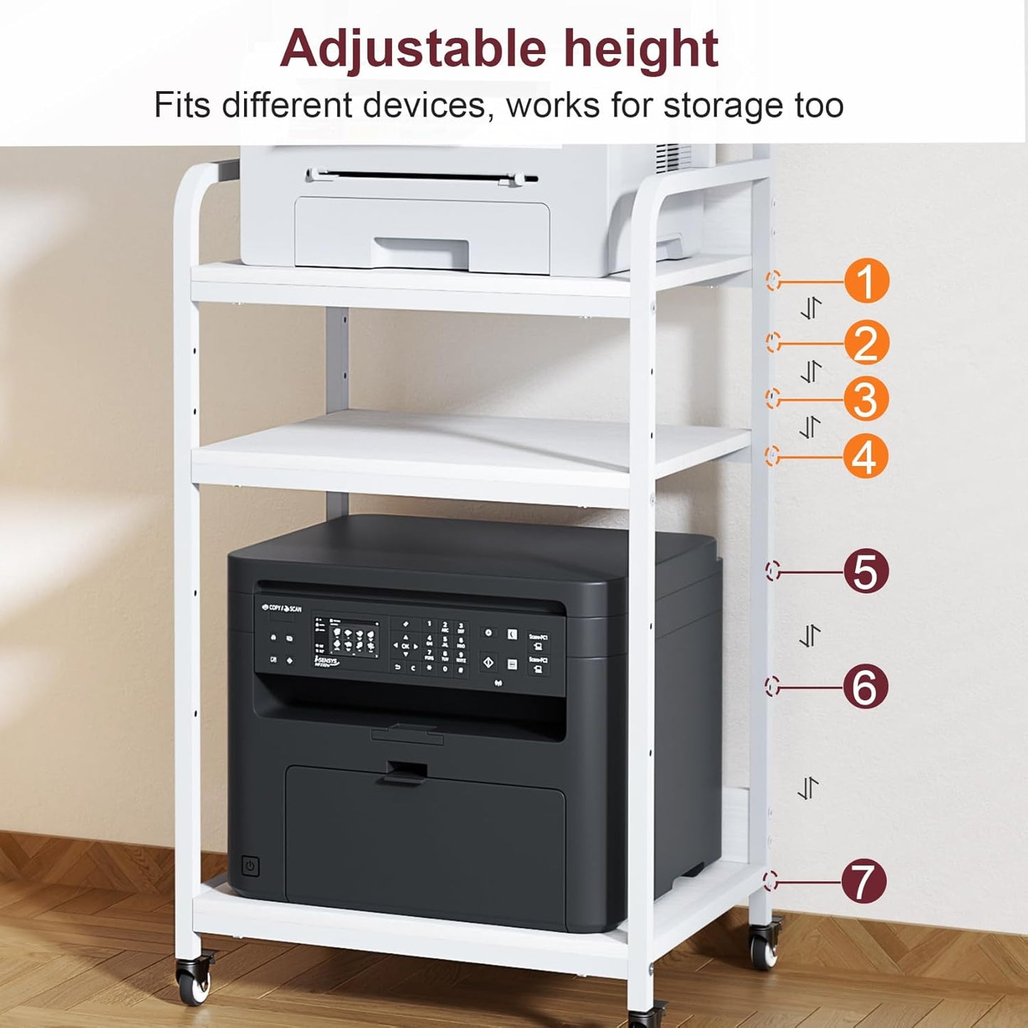 4 Tier White Printer Stand with Storage Shelf, Large Tall Printer Table for Home Office, Rolling Printer Cart with Industrial Wheels for Paper Shredder Scanner Fax Heat Press Small Space (White)