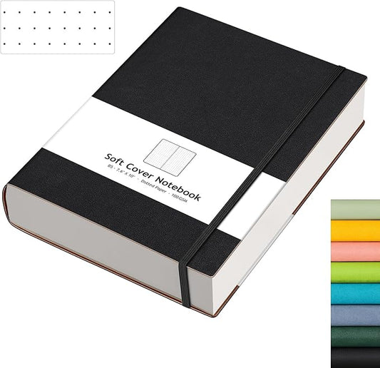 AHGXG Bullet Dotted Journal - 320 Pages Dot Grid Notebook B5 Large Journal, 100gsm Thick Dotted Paper, Leather Softcover, with Journal Stencils, Inner Pocket, 7.6'' X 10'' - Black