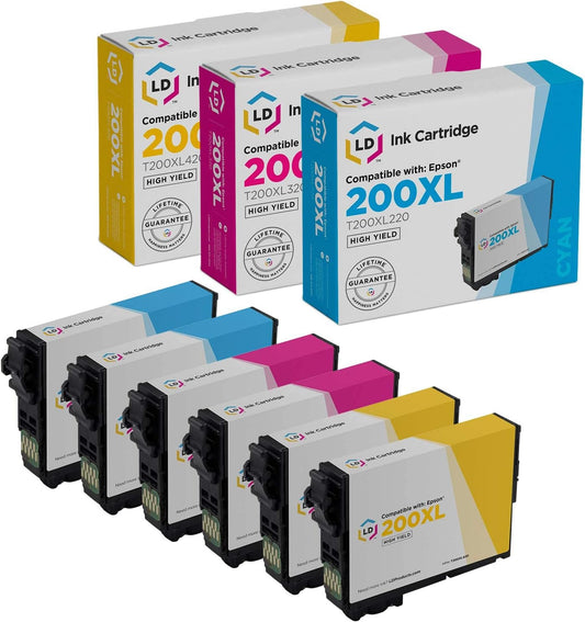 LD Products Remanufactured Ink Cartridge Replacements for Epson 200XL 200 XL High Yield (2 Cyan, 2 Magenta, 2 Yellow, 6-Pack) Compatible with Expression, WF Series, Workforce, XP Series