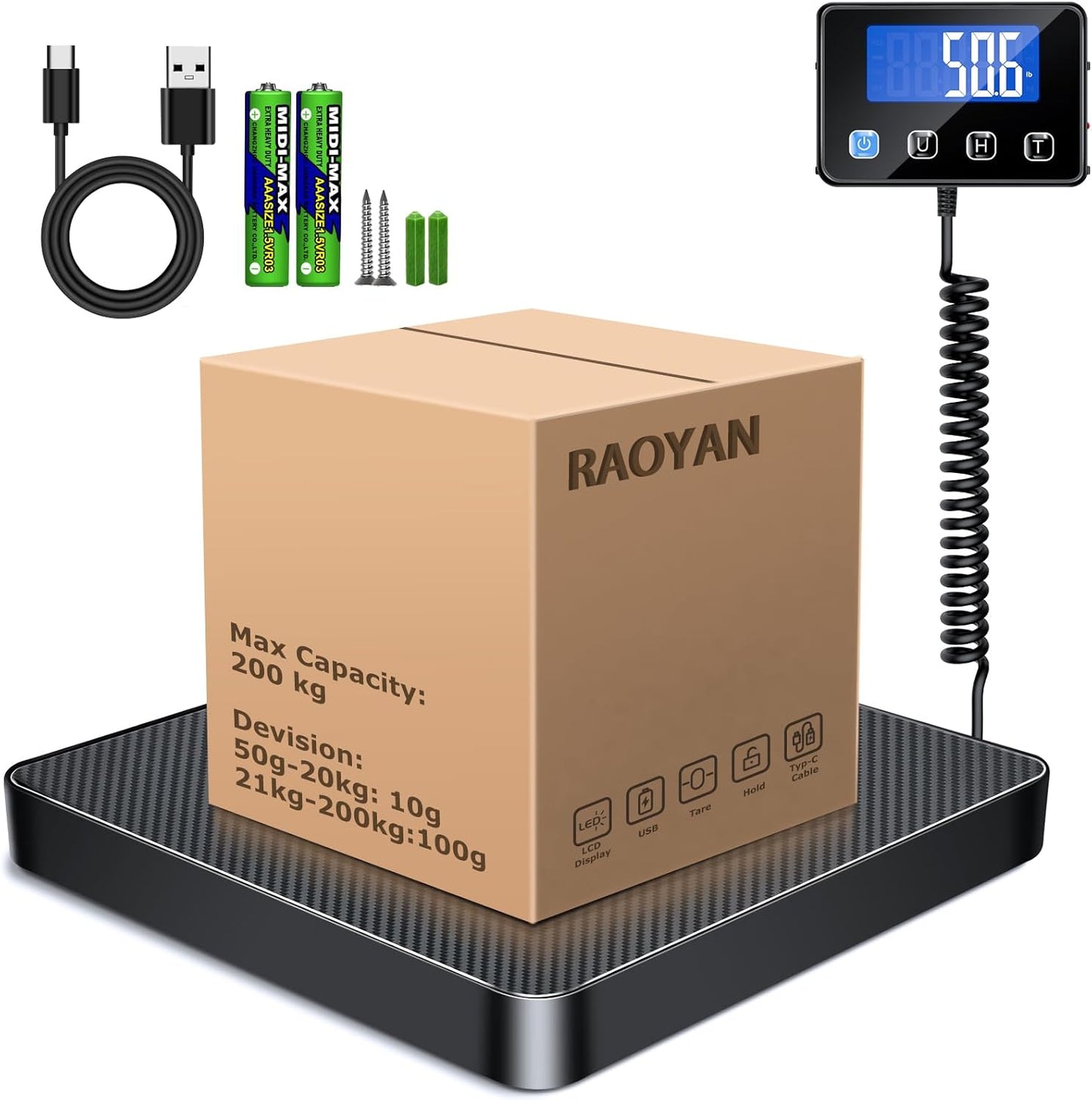 Shipping Scale, 440lb/0.5oz High Accuracy Digital Scale for Packages with Hold, Tare Function, Postal Scale for Small Business, Luggage, Home Use (Battery & Charging Cable Include)