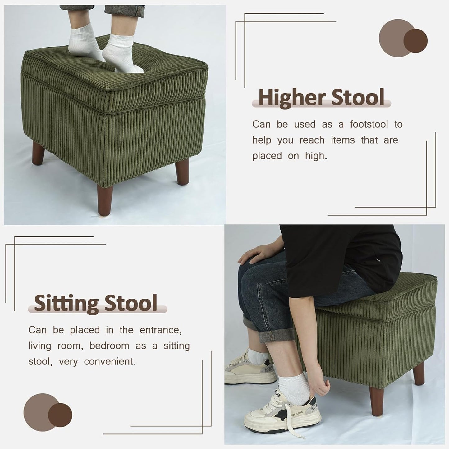 Storage Ottoman with Adjustable Lid, Soft Step Stool, Footrest and Seat, Ottoman Foot Rest for Living Room, Bedroom, Dorm, Green