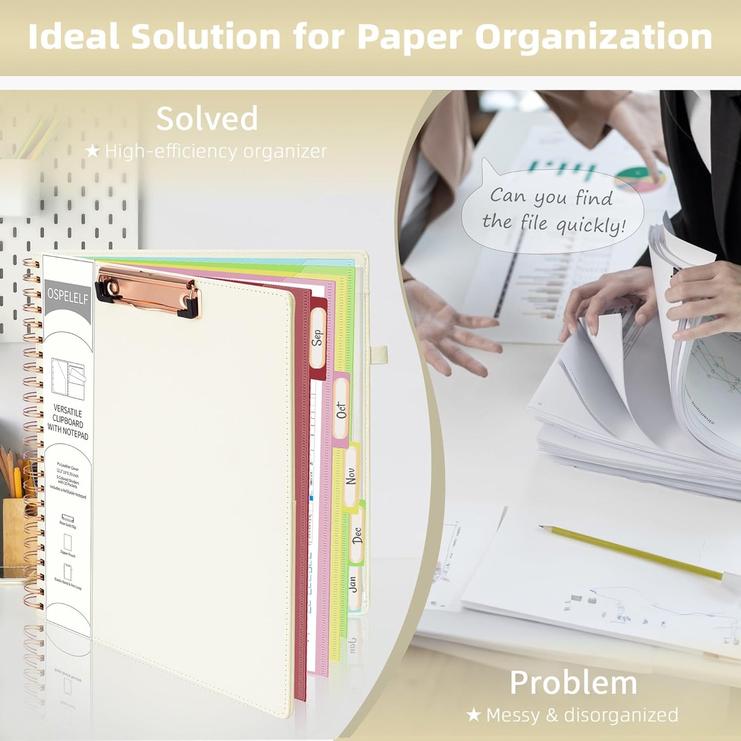 Ospelelf Leather Clipboard Folio with with Storage Zipper Pouch, Spiral Clipboard Folder with Notepad for Letter Size, 5 Folders with 10 Pockets, 39 Divider Label Stickers (Beige)