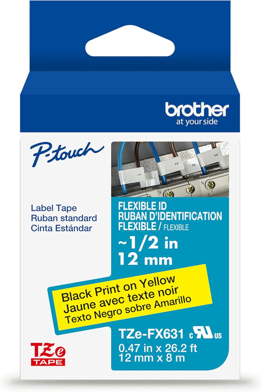 Brother Genuine P-Touch TZe, Black Print on Yellow, Flexible ID Laminated Label Tapes (TZeFX631), ~1/2in x 26.2ft (12mm x 8m) for Select P-Touch Label Makers, Durable, for Cable Wrap, Water-Resistant