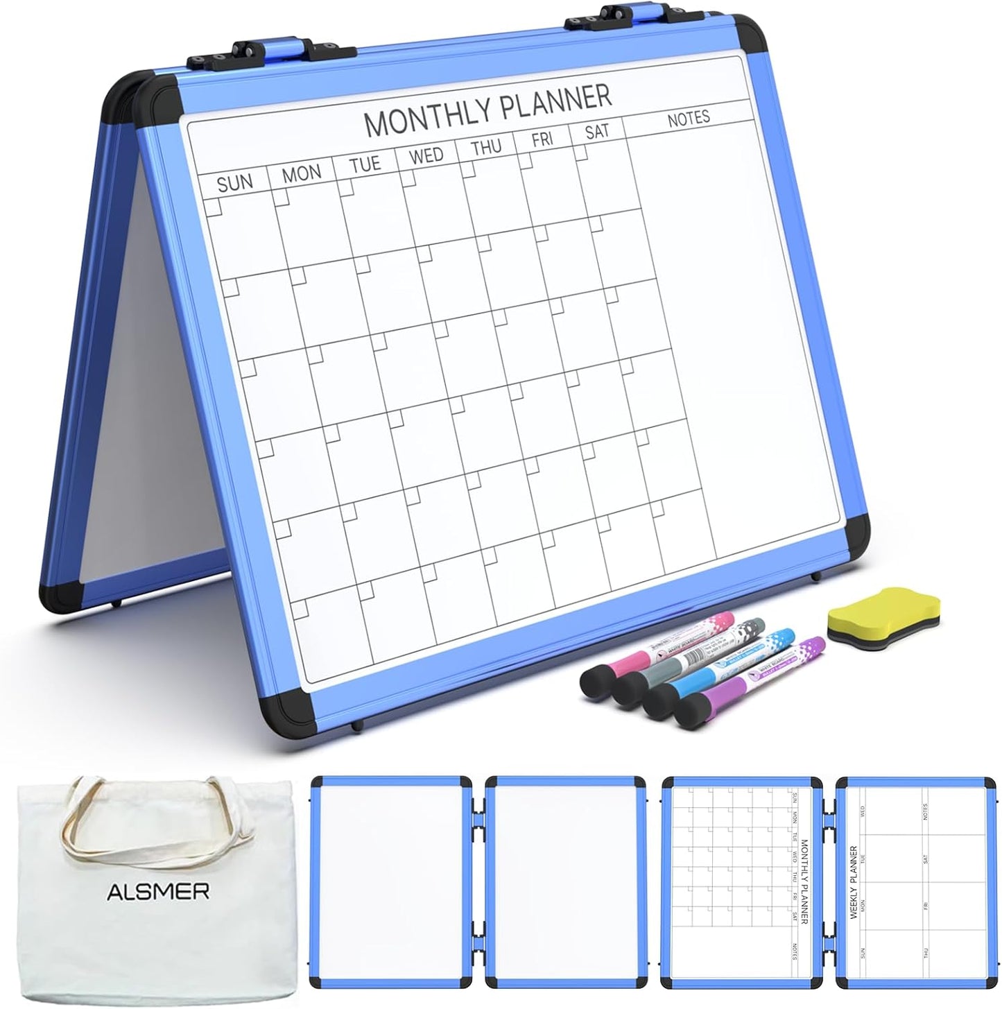 4 Sided Foldable Whiteboards Calendar, 17"x13" Desktop Whiteboard, Integrating with Monthly and Weekly Planner, Multi-Functional Whiteboard Suitable for Home, School and Office.