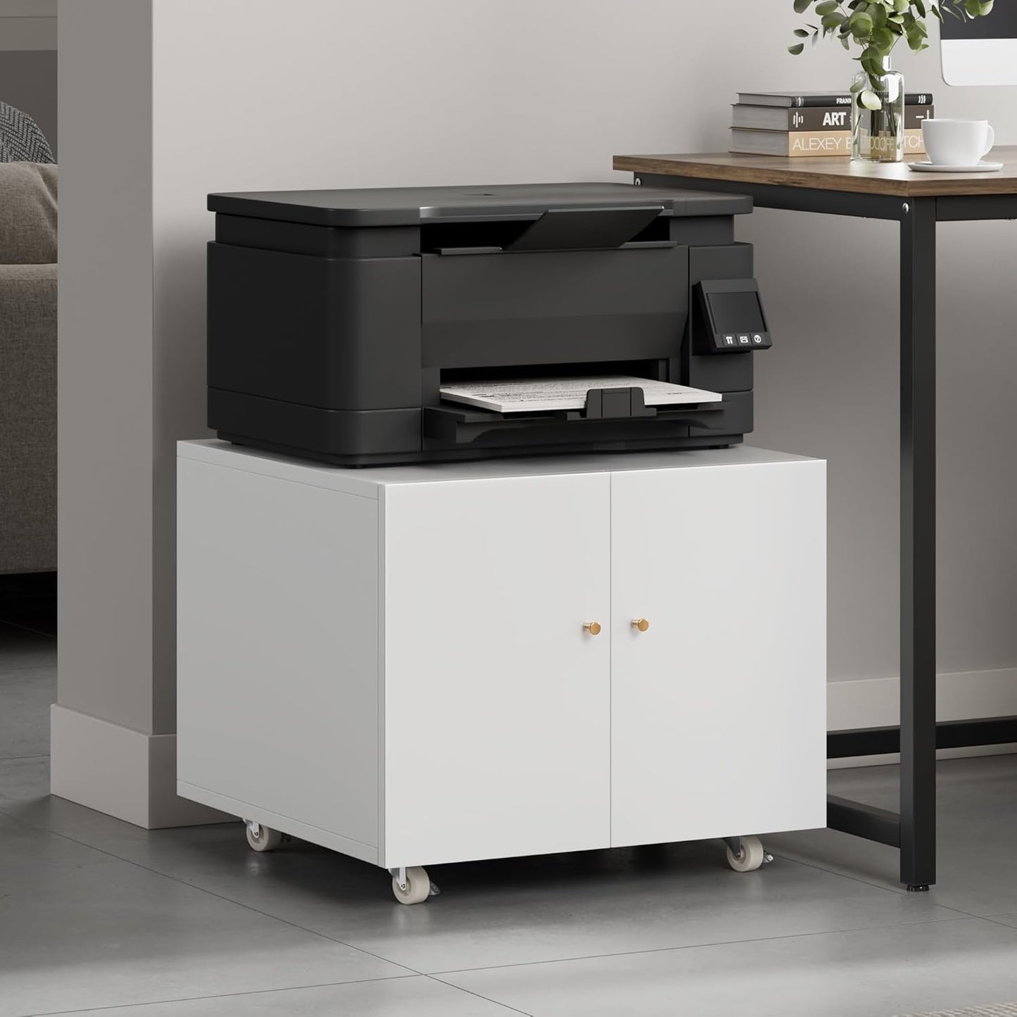 Warmiehomy Metal Printer Stand, 24x24x18'' Printer Cabinet with Storage, Mobile Printer Table with Wheels, Desk for Small Spaces with Door, Adjustable File Cabinet for Home Office (White)