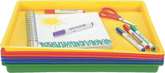 Fun Express Flat Plastic Tray - Plastic Trays for Engaging Art and Play - Long-Lasting Educational Trays for Active Kids - Great for School - Red, Yellow, Orange, Green, Blue, Purple (Set of 6)