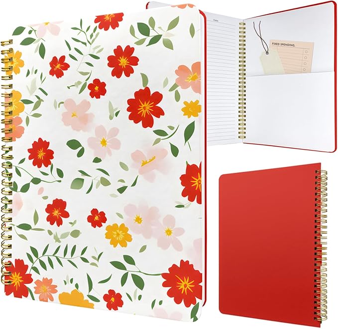 Cute Spiral Notebook journal B5 Aesthetic Pretty Design for Women Girls Kawaii with Pocket, 10 x 7.2 inch, Lined, Red Floral