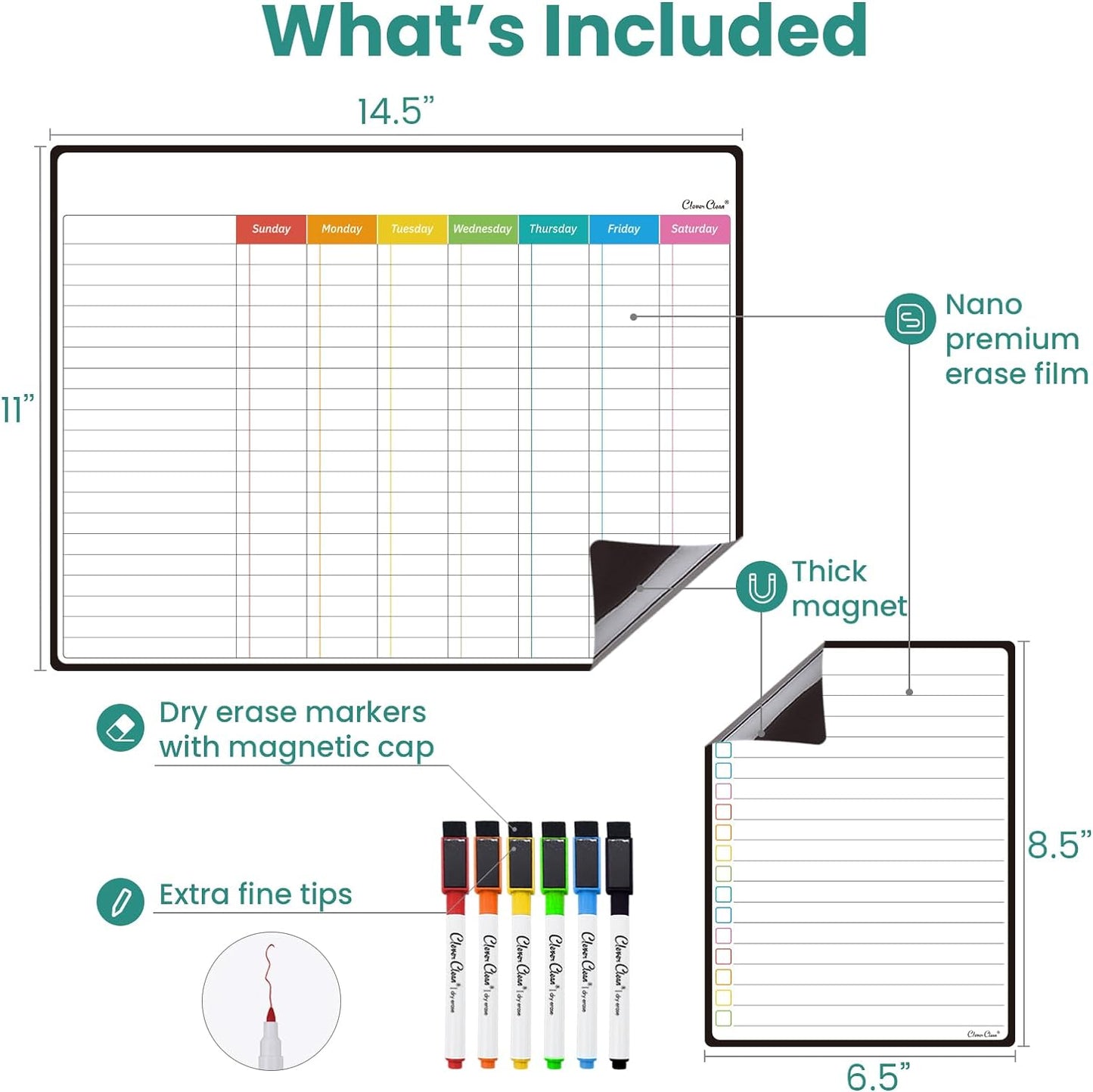 Magnetic Dry Erase Chore Chart - 14.5"x11" Chore Chart for Kids, Teens and Adults - 6.5"x8.5" List Board for Fridge - 6 Extra Fine Point Markers Included - Shipped Flat