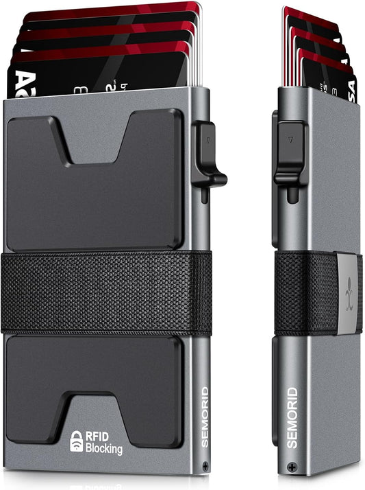 Slim Aluminum Card Holder Wallet for Men, Durable Expandable Backplate, RFID Blocking Minimalist Metal Pop Up Wallet, Holds 12 Cards Plus Cash (Grey)