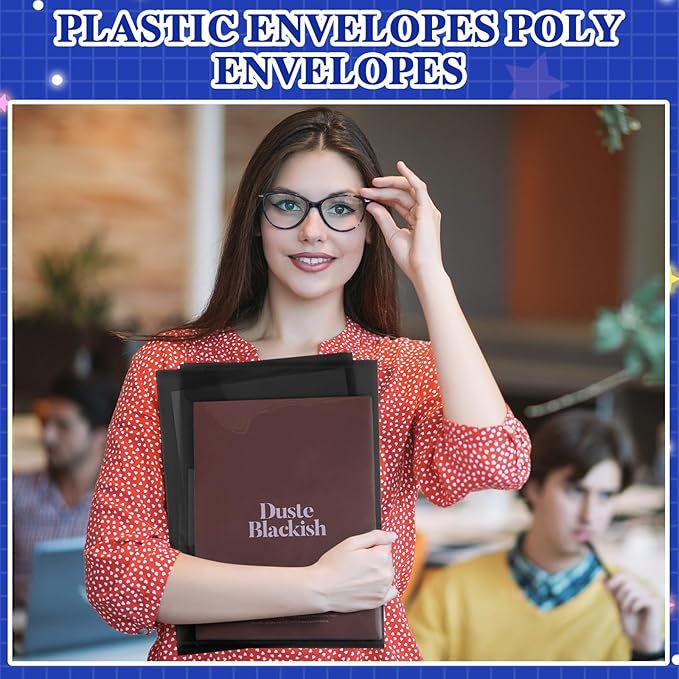 Yeaqee 50 Pcs Plastic Envelopes Poly Envelopes File Folders with Snap Button Closure Clear Folders for Documents US Letter A4 Size Filing Holder with Label Pocket for Home Office School(Black)