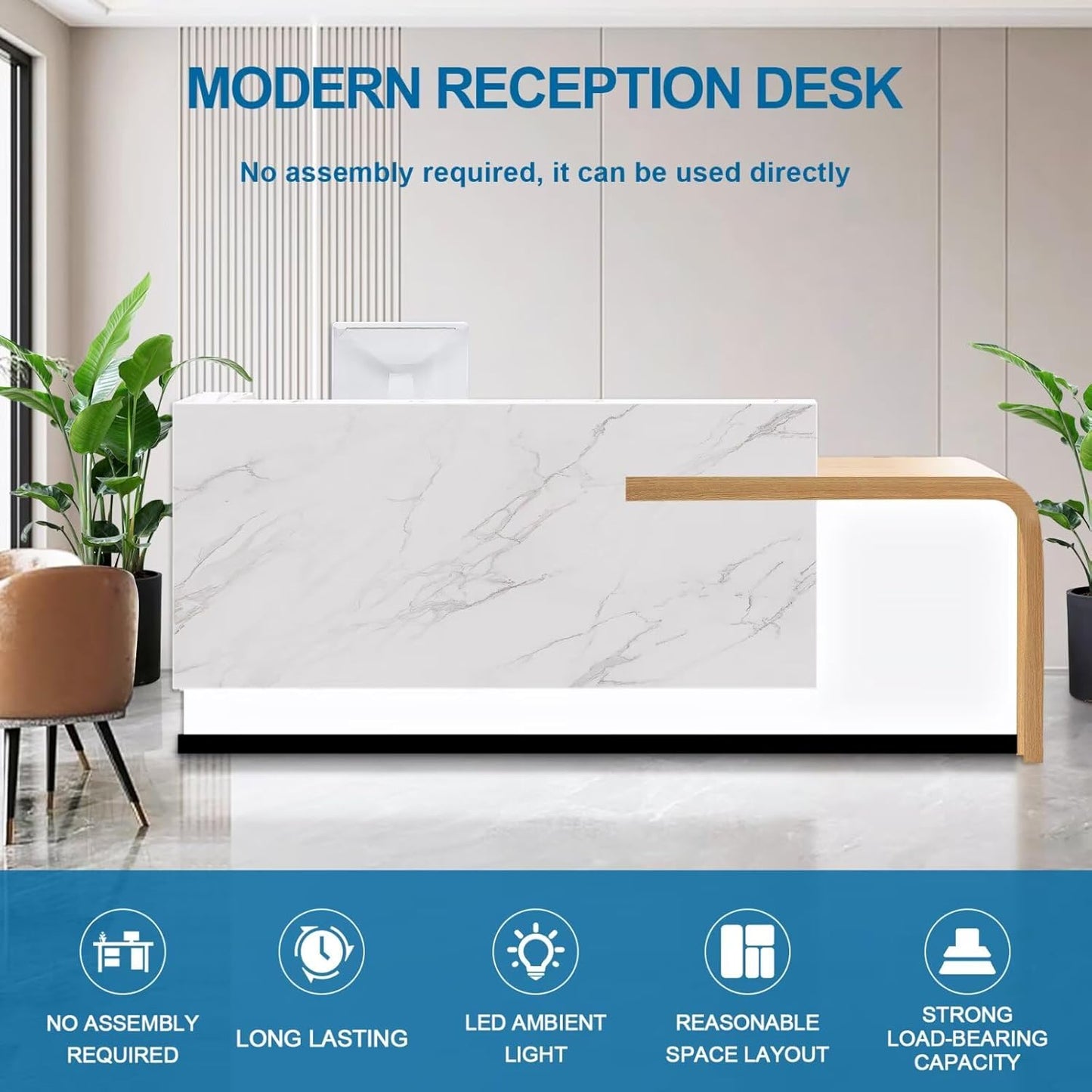 Reception Desk with Counter Modern Front Office Desk Large Reception Room Tables Checkout Counter Reception Table for Retail Lobby Beauty Salons White 79inch/200cm