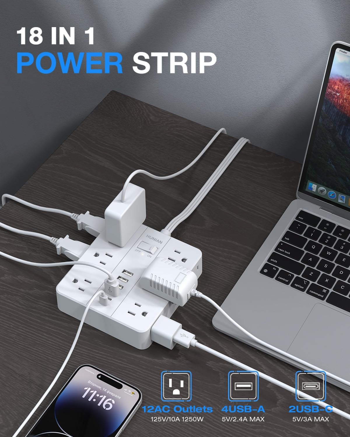Surge Protector Power Strip 15 Ft Cord, HUNIAN Flat Plug Extension Cord with 12 Widely Spaced Outlets 6 USB Charger (2 USB C Ports), Desk Charging Station for Home Office Supplies, Dorm Room, White