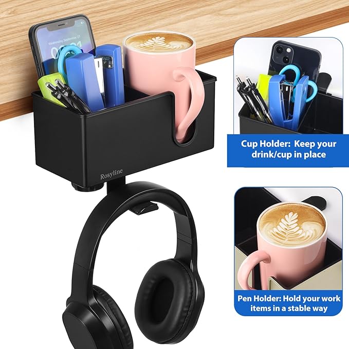 ROSLINE 3-in-1 Clip-on Desk Organizer - Pen, Headphone, and Cup Holder for Expanding Office and Gaming Space (Black)