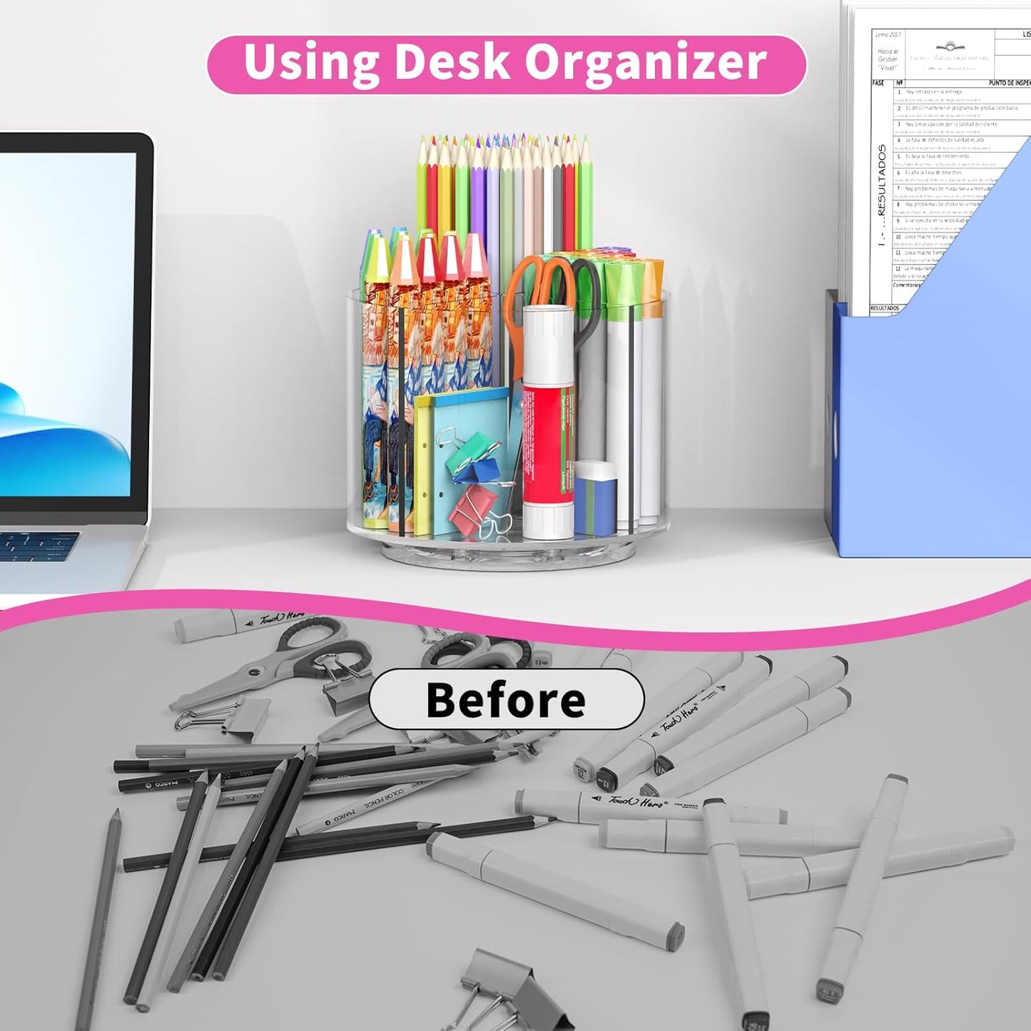 Small Pencil Organizer for Desk Acrylic 4 Compartments, Tiny Rotating Art Supply Organizer Kids, Spinning Round Marker Organizer Small Clear Desktop Organizer Caddy Swivel Office Pen Pencil Holder