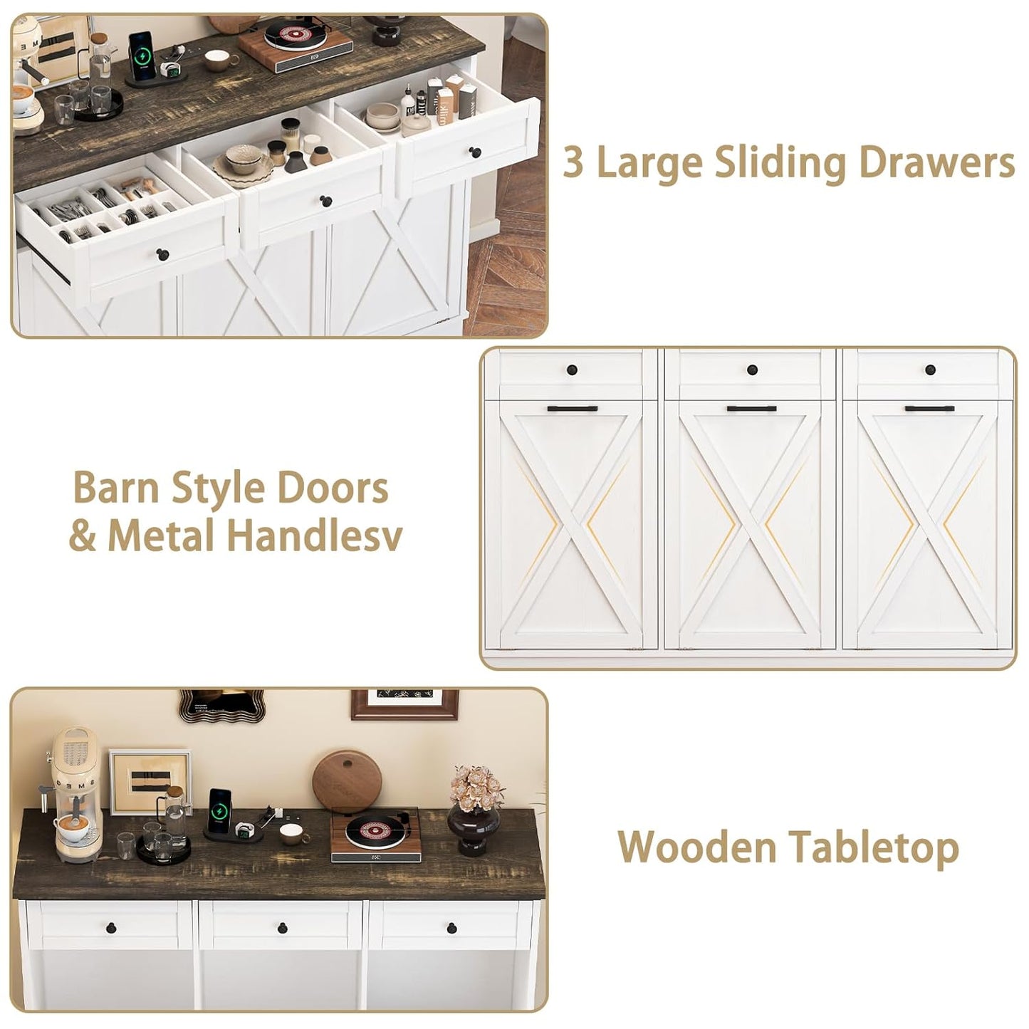 Triple 13 Gallons Tilt Out Trash Cabinet, Farmhouse Garbage Recycling Cabinet with Power Outlets, 3 Drawers, Pet Proof, Freestanding Kitchen Trash Bin Cabinets, White