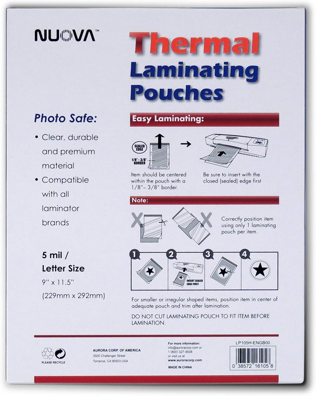 Nuova 100-Pack, 5 Mil Thermal Laminating Pouches 9 x 11.5 Inches, Letter Size, LP105H