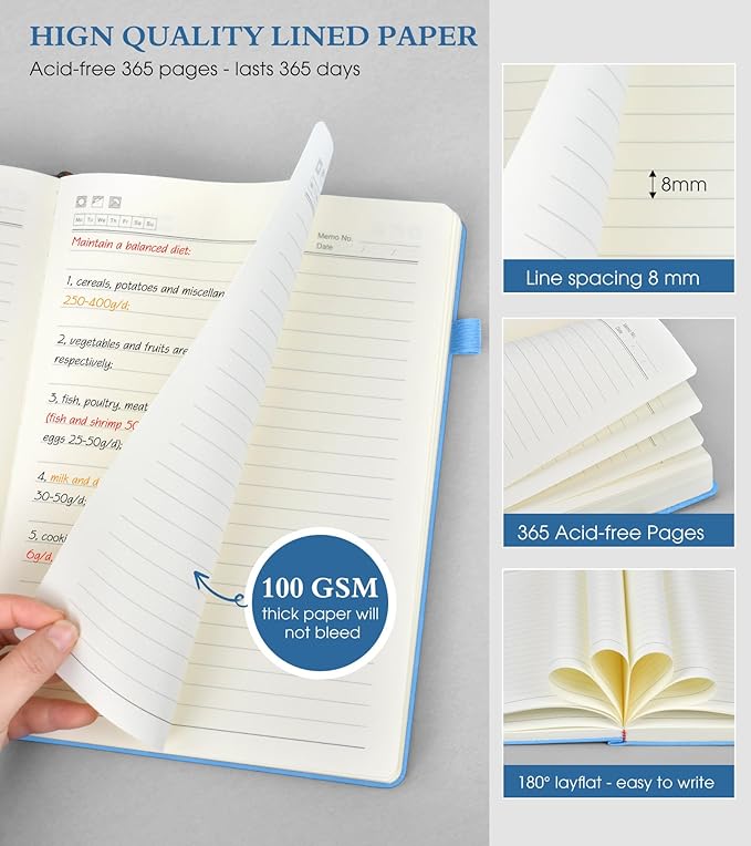 A4 Lined Journal Notebook，365 Page Large Leather Journals for Writing Women Men，Hardcover Notebook with 100Gsm Thick Pages for Travel，Work，School，College Ruled, Daily Diary (8.5" x 11.4")