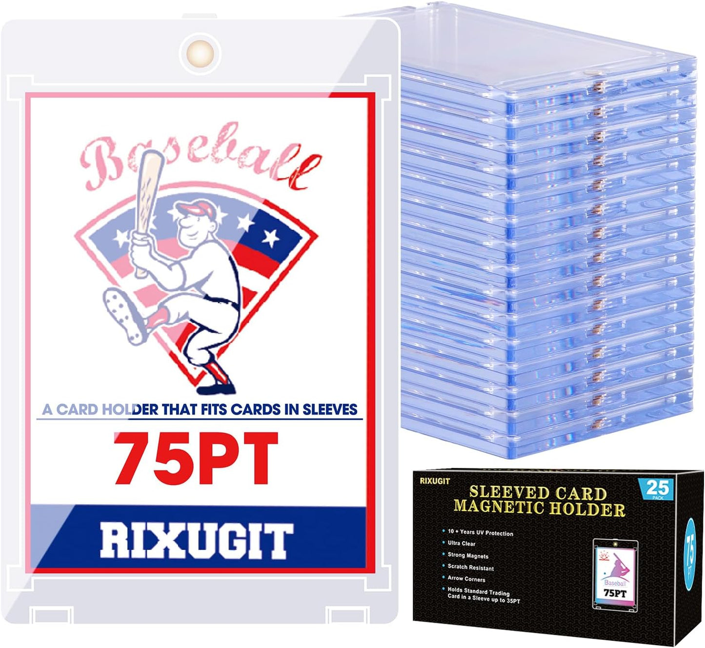 25-Pack One Touch Card Holders - 75PT Sleeved Card Magnetic Holder with 2.63"x3.7" Larger Inner Dimension, First Insert Card into Soft Card Sleeve, Then Place into Card Holder for Double Protection ﻿