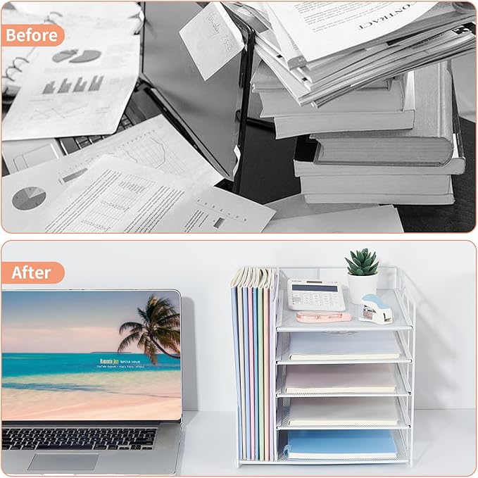 Desk Organizers and Accessories, 5-Tier Paper Letter Tray Organizer with File Holder, Desktop Organizer for Office Supplies, Office Desk Accessories & Workspace (White)