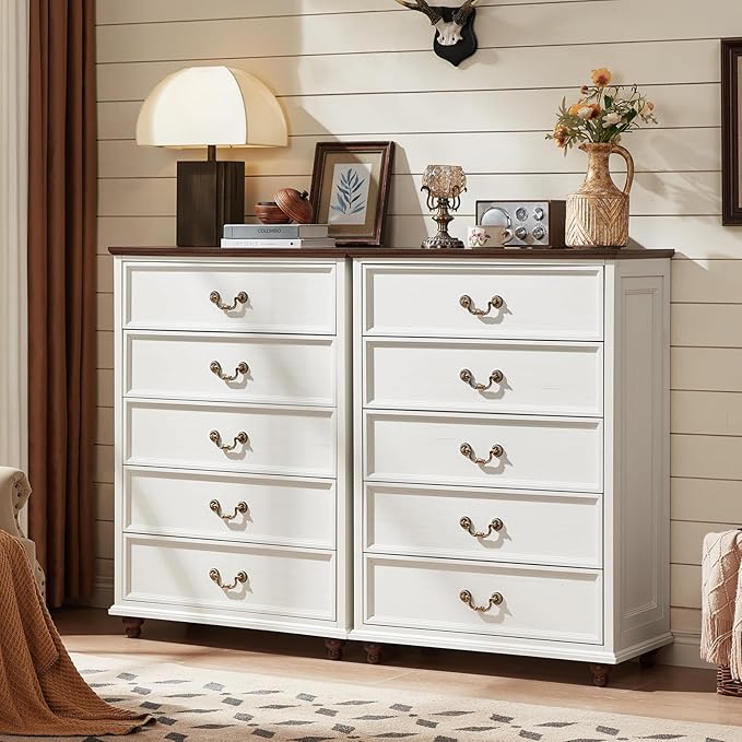 Farmhouse 5 Drawer Dresser Set of 2 for Bedroom, 45" Tall Rustic Chests of Drawers w/ 4 Solid Wood Feet, Mid Century Vintage Wooden Closet Storage Dressers Organizer for Living Room, White