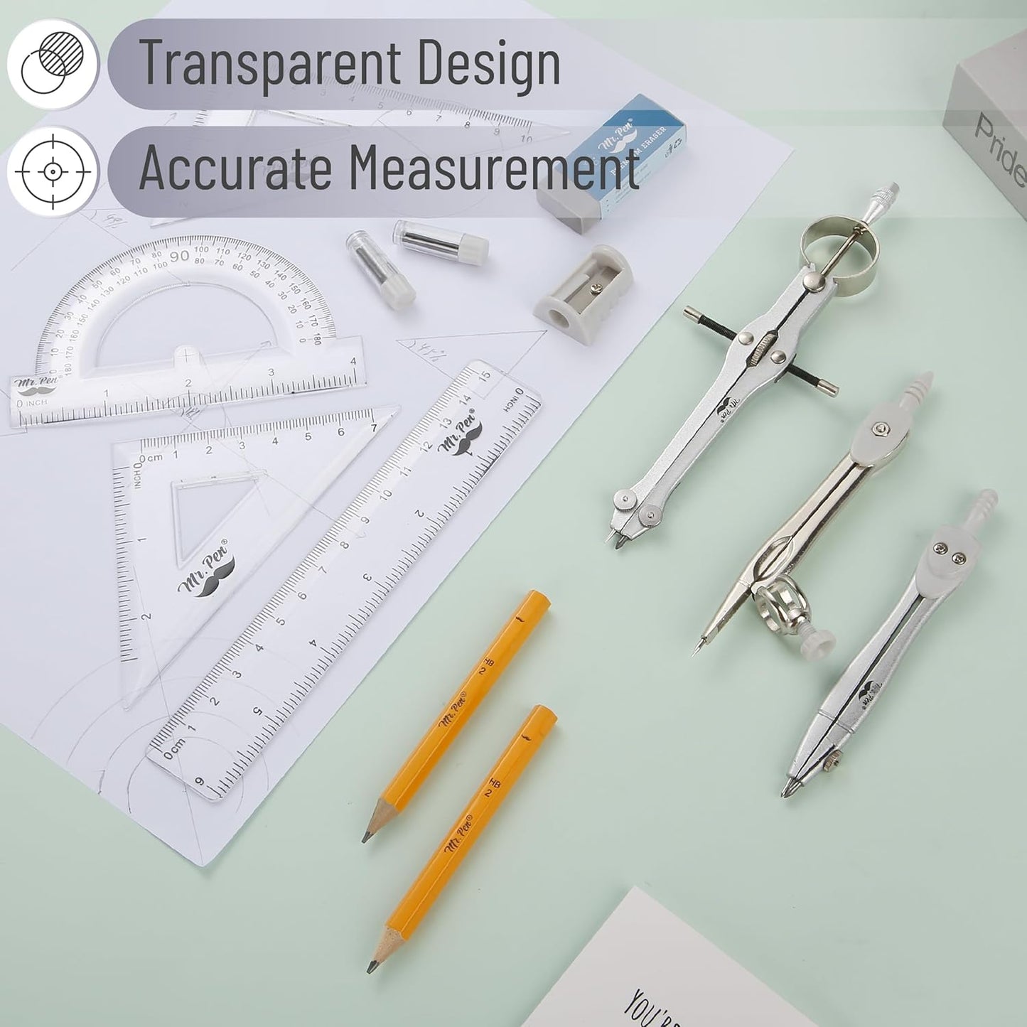 Mr. Pen- Geometry Set, 13 pcs, Compass for Geometry Compass, Geometry Kit Set with Shatterproof Storage Box, Math Compass, Geometry Set for School, Compass Math, Protractor and Compass Set, Grey