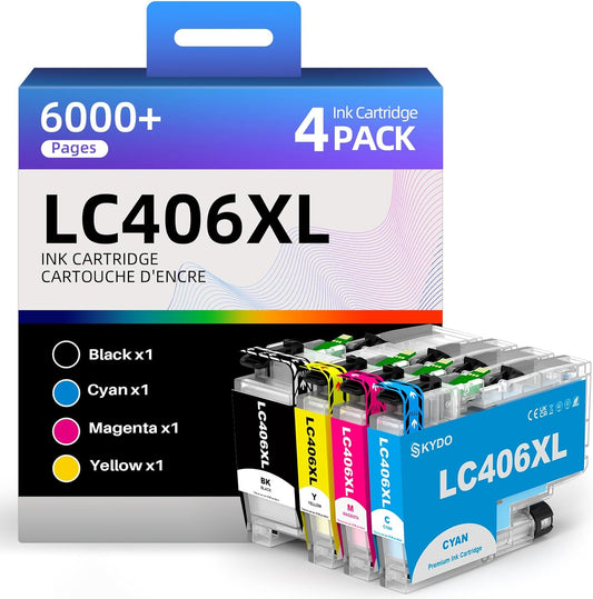 LC406XL Ink Cartridges Compatible for Brother LC406 XL LC406XL LC406 Work with Brother MFC-j4335DW MFC-j6555DW MFC-j4535DW MFC-j5855DW MFC-J6955DW Printer(Black, Cyan, Magenta, Yellow, 4 Packs)