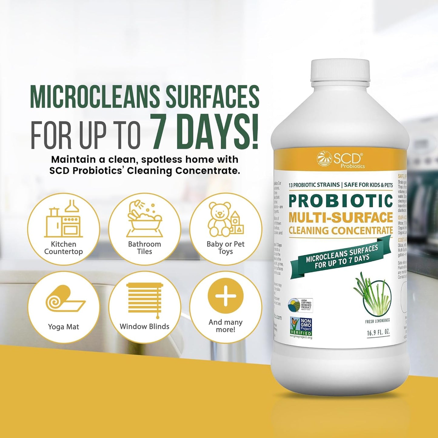Probiotic Multi-Surface Cleaning Concentrate, Lemongrass – USDA Certified Biobased, Microcleans Surfaces for Up to 7 Days, Refill Bottle Makes 2 Gal Probiotic Spray Cleaner – 17 Fl Oz.