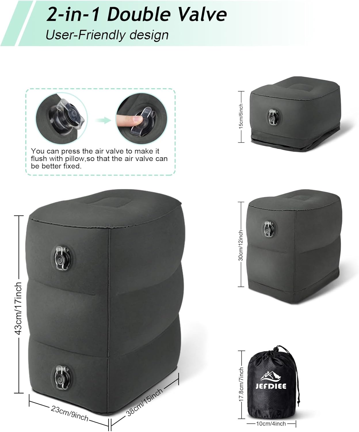 JefDiee Inflatable Travel Foot Rest Pillow, Kids Airplane Bed, Adjustable 3 Layers Height Leg Rest Pillow, Adults Travel Essentials Great for Airplane, Office, Home, Trains, Cars (2 Pack-Dark Grey)