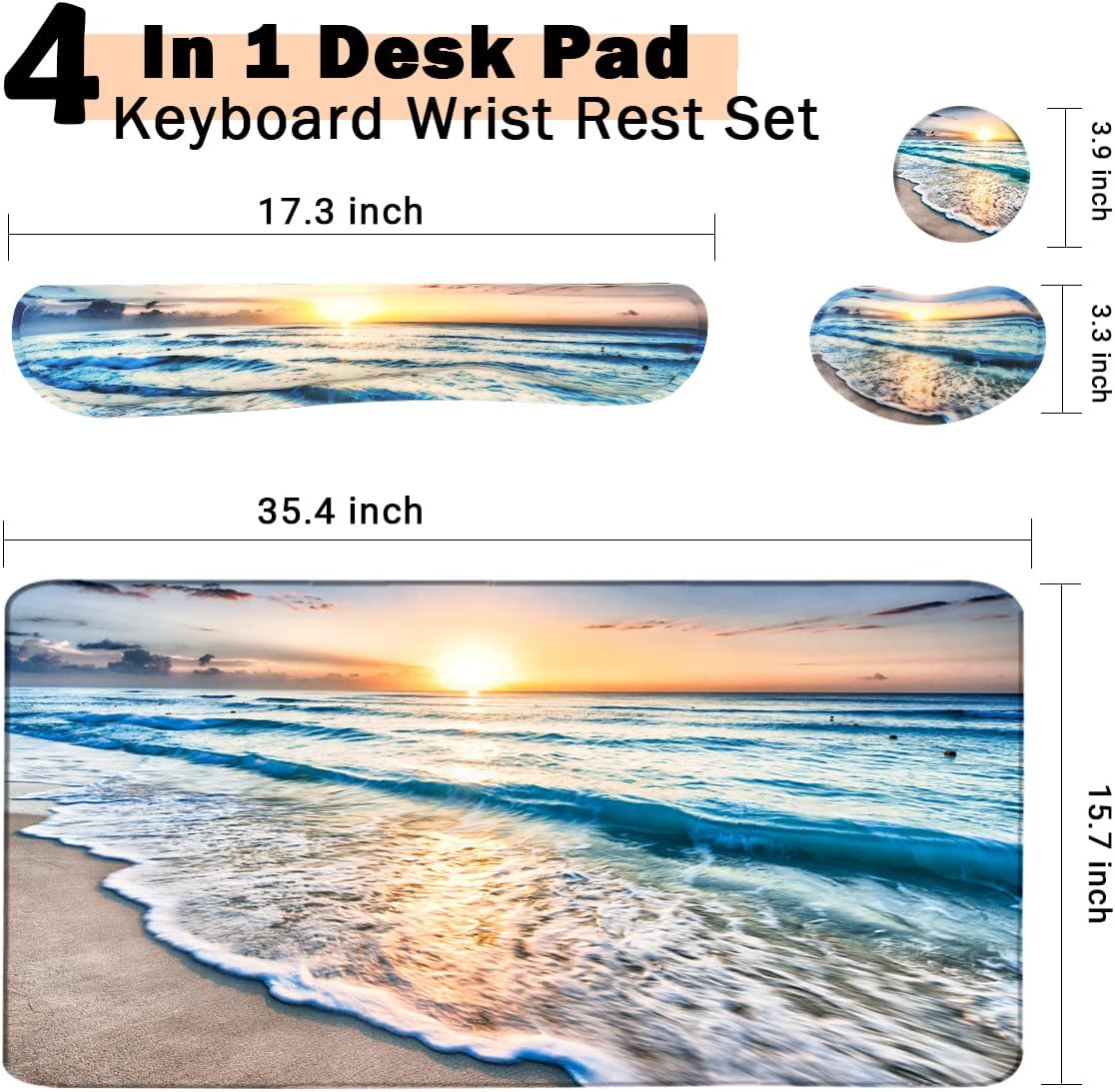 4-in-1 Large Gaming Mouse Pad, Keyboard Wrist Rest Pad & Wrist Support Mousepad Set, Extended Desk Pad Waterproof Desk Mat for Home Office Study Game-Beach