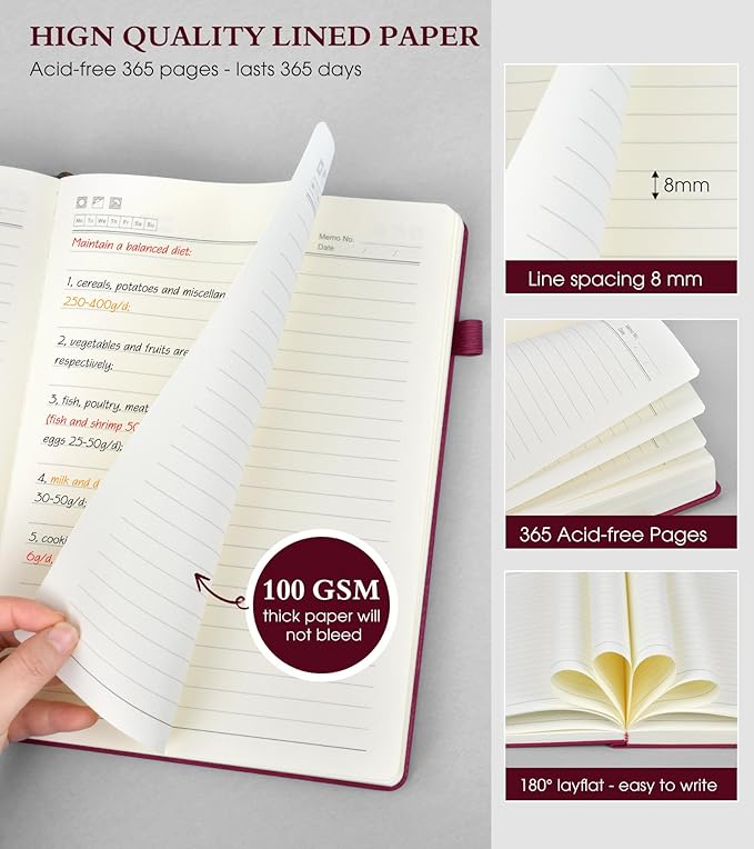 A4 Lined Journal Notebook，365 Page Large Leather Journals for Writing Women Men，Hardcover Notebook with 100Gsm Thick Pages for Travel，Work，School，College Ruled, Daily Diary (8.5" x 11.4")