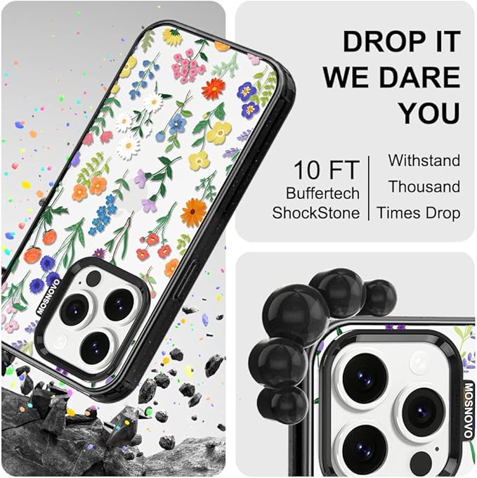 MOSNOVO Case for iPhone 14 Pro, [10ft 4X Military-Grade Drop Protection] Durable & Shockproof Phone Case Cover Design for iPhone 14 Pro - Botanical Floral - Clear Black