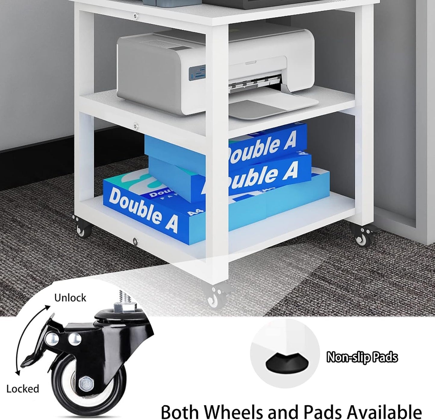 Natwind 3-Tier Laser Printer Cart,19.7''x19.7''x22.6'' Large Machine Stand,Heavy Duty Rolling Table with Storage,Floor-Standing Rack on Wheels,Paper File Organizer Shelf for Home Office (White)