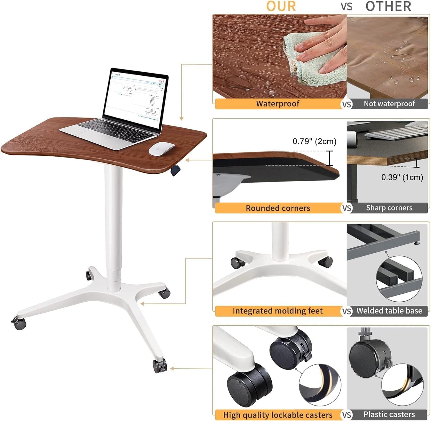 47" Mobile Standing Desk(26" W*19.3" D), Adjustable Height Laptop Desk, Pneumatic Desk with Gas Spring Riser, Podium for Home, Office，Classroom，Medical, (29" to 46.9" H) (Walnut)