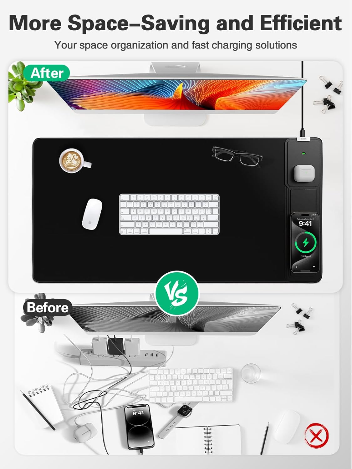 Mouse Pad, Office Desk Mat, Large Gaming Mousepad with Superior Micro-Weave Cloth, XXL Desk Pad with Stitched Edges, Non-Slip Writing Pad for Gamer, Laptop, Work & Home (Black (Charging On The Right))